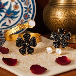 🆕️Turkish Artisanal Black Flower Set 18K Gold Plated Brass Statement Jewelry